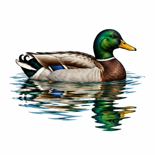 Illustration of a mallard duck floating on water with detailed reflection