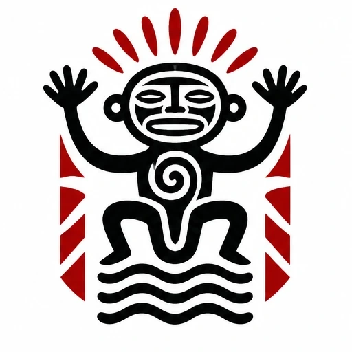 Taino style black figure with spiral torso, raised hands, red radiating shapes above head, red geometric side accents and black wave lines below on white background