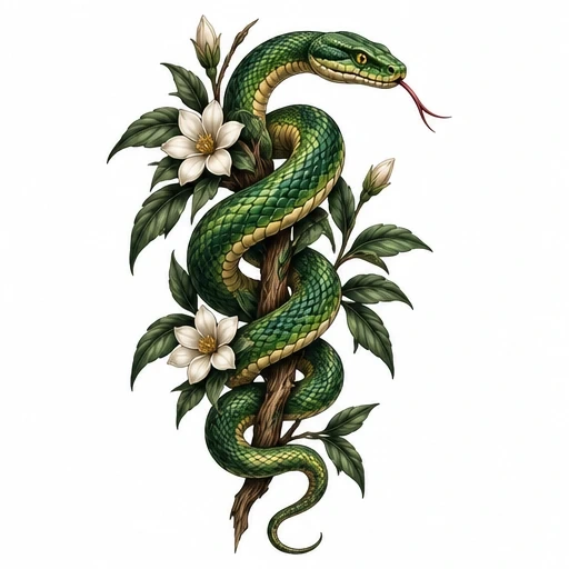 Green snake coiled on vine with white flowers and green leaves