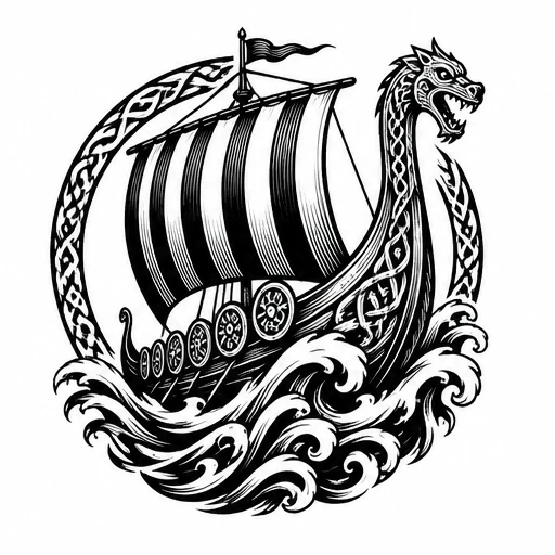 Blackwork Viking longship tattoo with dragon head, striped sail, serpent knot, and ocean waves