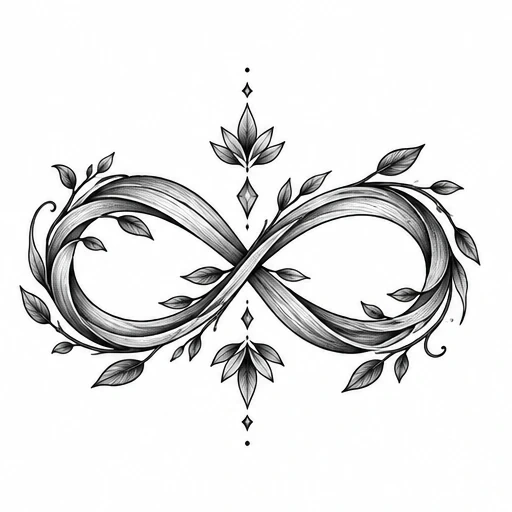 Black and white floral infinity tattoo design with leaves and symmetrical leaf clusters