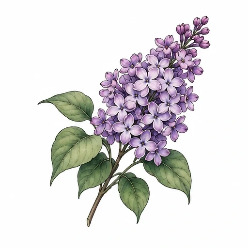 Illustration of a lilac flower cluster with purple petals and green leaves on brown stems