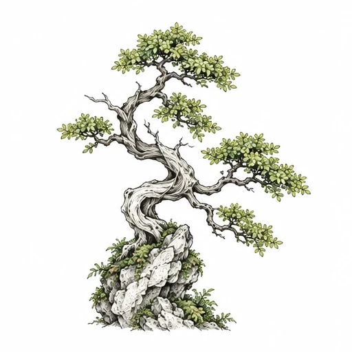 Illustration of a bonsai tree with twisted trunk and green leaves on rocks.