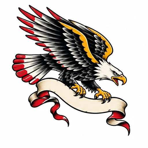 Traditional style eagle tattoo with red, gold, and black wings holding a blank scroll banner