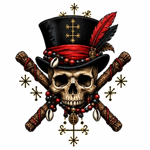 Skull with black top hat, red feathers, beaded necklace, crossed sticks, and voodoo symbols.