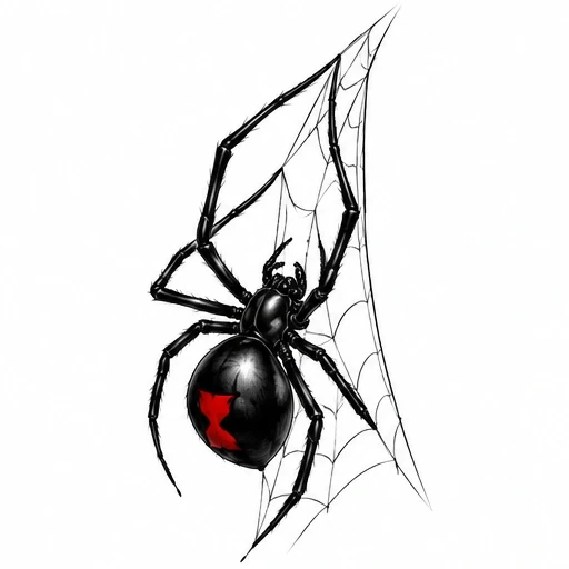 Black widow spider tattoo design with red hourglass marking on abdomen and web