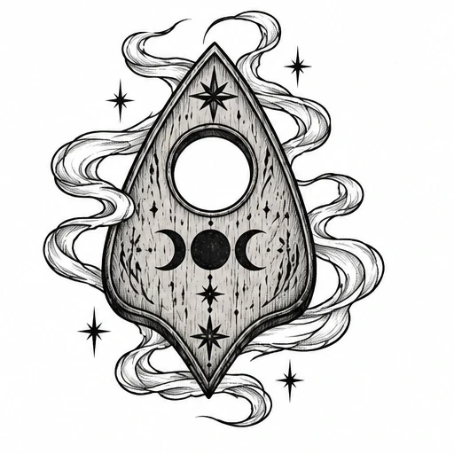 Black and white planchette tattoo with triple moon, stars, and swirling mist