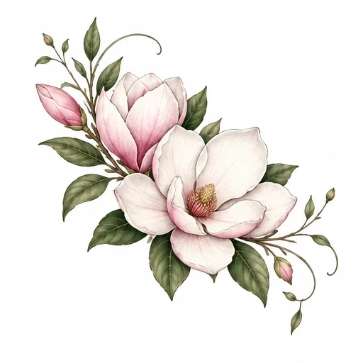 Tattoo design of two magnolia flowers with green leaves and buds in soft pink and white tones.