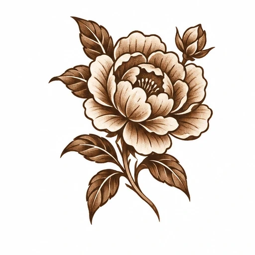 Brown shaded peony flower with leaves and a small bud on white background