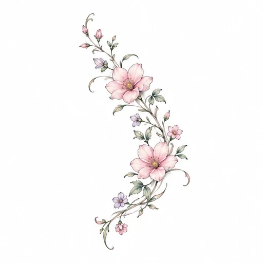 Vertical vine tattoo with pink and lavender flowers and green leaves