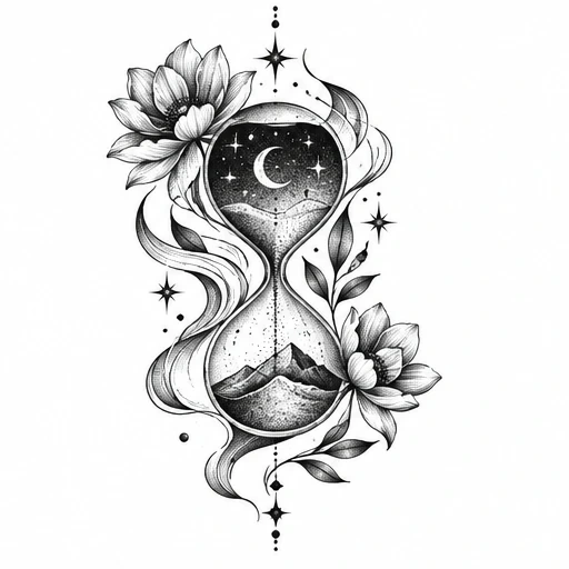 Black ink tattoo design of an hourglass with night sky and mountains, surrounded by swirling lines, flowers, and stars.