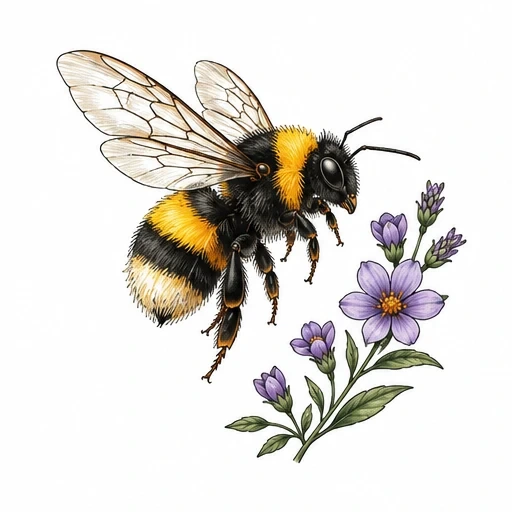 Detailed bumble bee with yellow and black stripes flying near purple flowers with green leaves