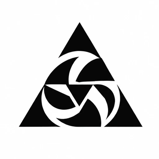 Black geometric triangle with three swirling shapes inside using negative space