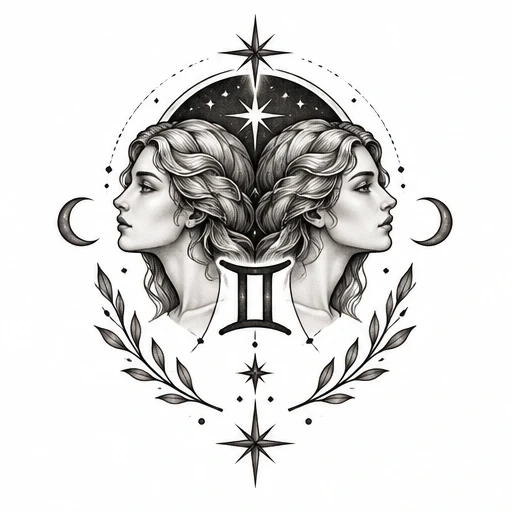 Black-and-white Gemini tattoo design showing twin female profiles with stars, moons, and leafy decoration.