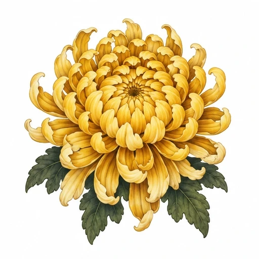 Yellow chrysanthemum flower with layered petals and green leaves tattoo design.