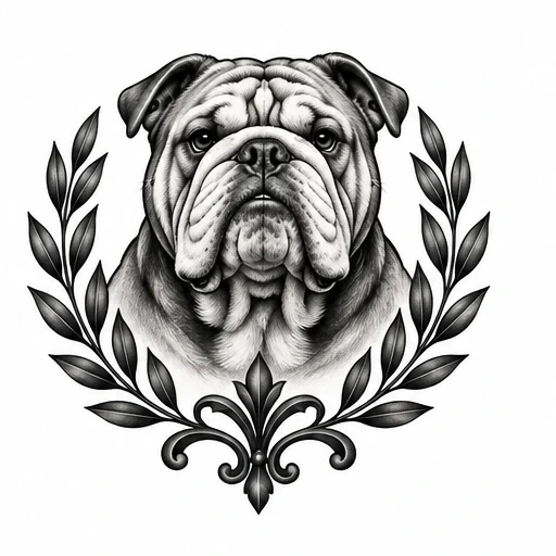 Detailed black and white illustration of a bulldog head surrounded by a laurel wreath and fleur-de-lis ornament.