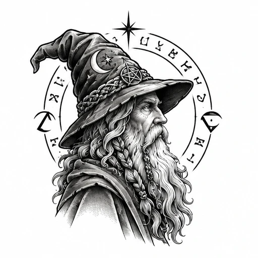 Black and gray tattoo of a wizard in profile with a pointed hat, crescent moon, pentagram, braided beard, and mystical runes in a circle behind.
