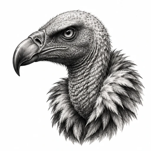 Black and gray tattoo art of a vulture head with detailed feathers and textured skin