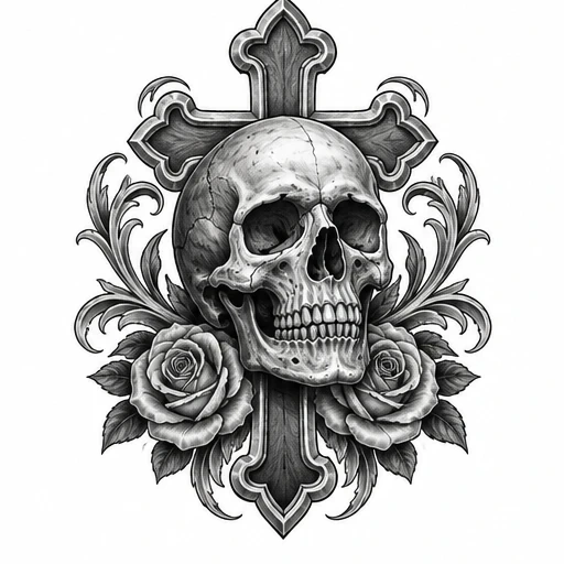 Black and gray tattoo design with a skull, Gothic cross, roses, and leaves.