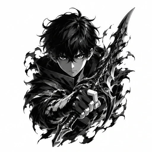 Black and white illustration of a determined young warrior holding a spear surrounded by smoky flames