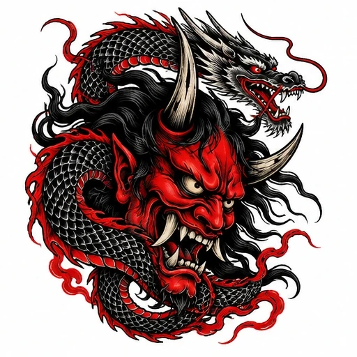 Red oni demon head with large horns entwined by a black and gray coiled dragon surrounded by red flames.