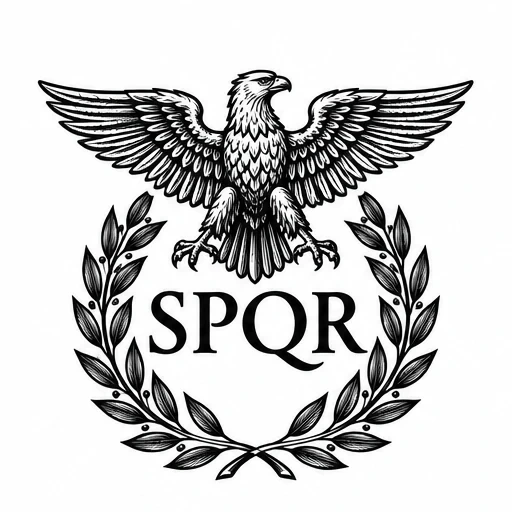 Black ink Roman eagle with outstretched wings, laurel wreath, and SPQR text