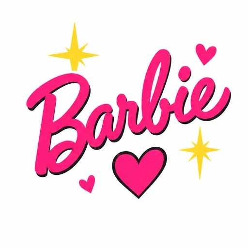 Pink cursive 'Barbie' lettering with pink hearts and yellow stars on white background