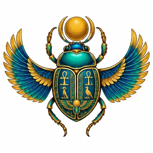 Colorful Egyptian scarab beetle tattoo design with gold and blue wings, sun disc and hieroglyphs