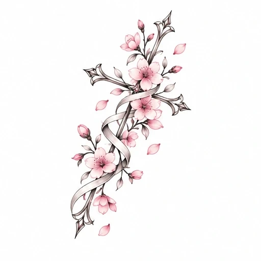Ornate cross tattoo design entwined with ribbon and pink cherry blossom flowers and petals.