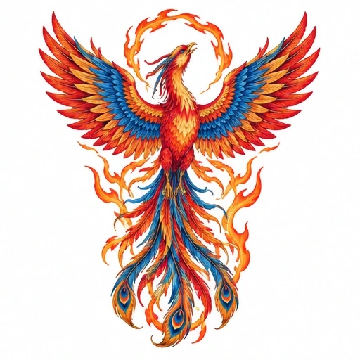 Japanese phoenix with vivid fiery red, orange, and blue feathers, wings wide open surrounded by flames and a flaming circular halo.