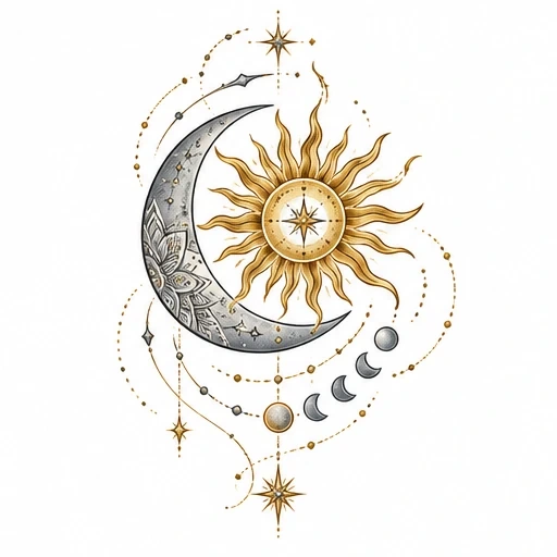 Golden sun with wavy rays and crescent moon with floral mandala, surrounded by stars and moon phases in black and gold.