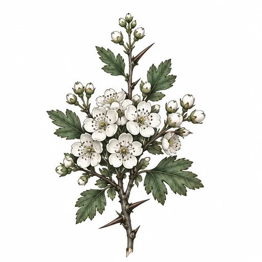 Hawthorn branch tattoo design with white flowers, green leaves, and thorns on a white background