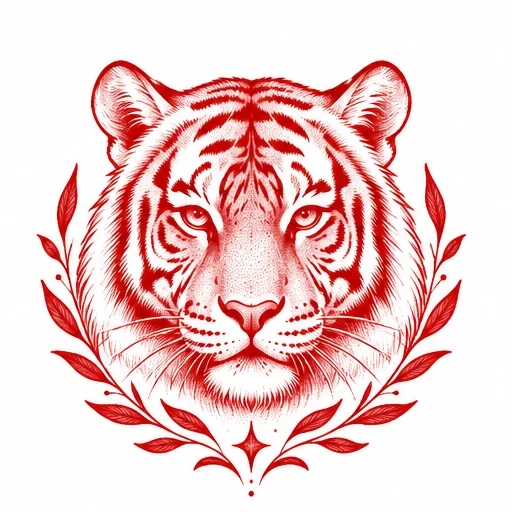 Red ink tattoo design of a tiger head front view with surrounding red leafy branches and a star detail below.