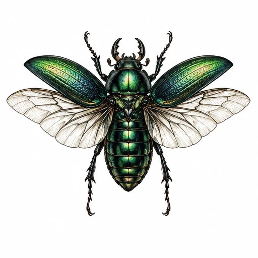 Illustration of a metallic green beetle with wings extended showing transparent wing membranes and detailed body segments