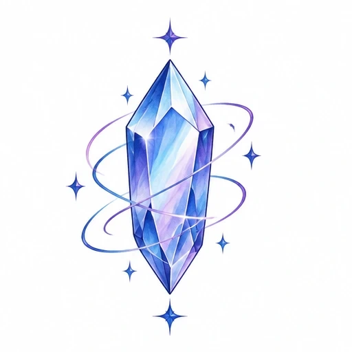 Tall blue and purple faceted crystal with orbiting rings and surrounding star shapes