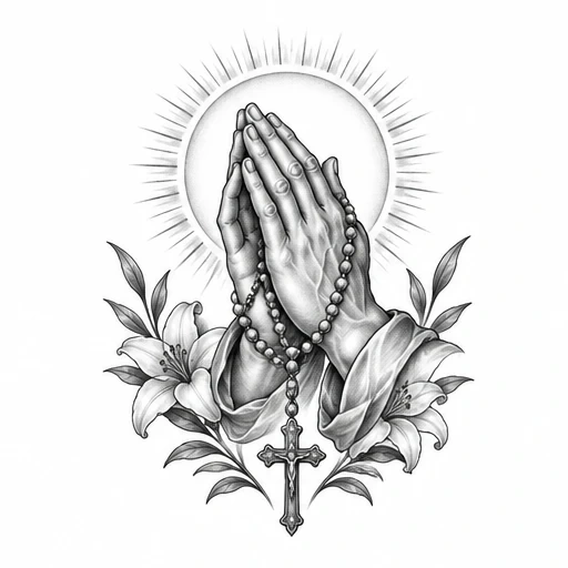 Black and grey tattoo design of praying hands holding a rosary with cross, surrounded by lilies and a radiant halo.