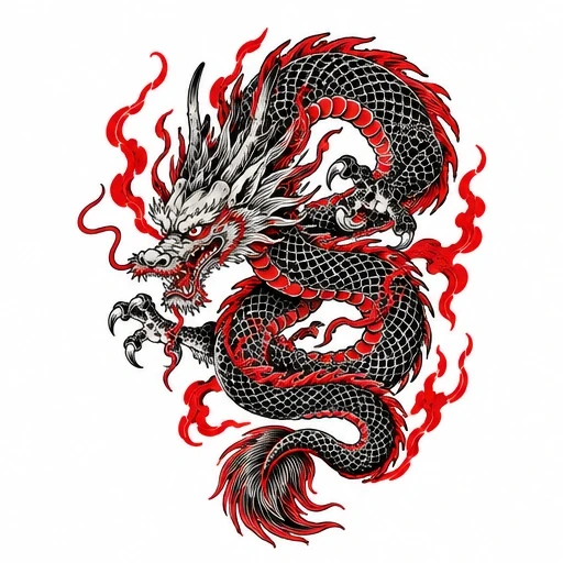 Black and red Kiryu dragon surrounded by red flames on white background