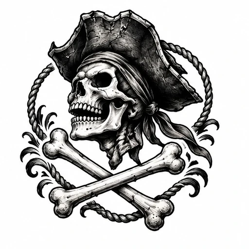 Black and gray pirate skull with tricorn hat, bandana, crossed bones, rope circle, and decorative flourishes