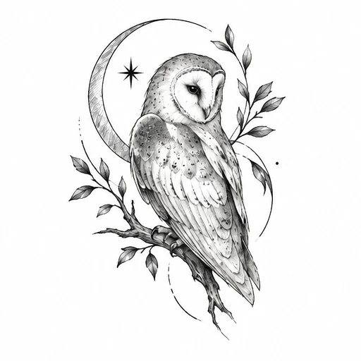 Black and white illustration of a barn owl on a branch with leaves, crescent moon, and a star
