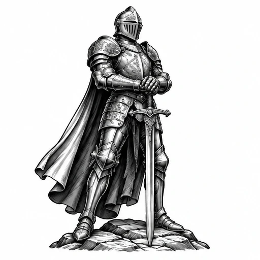 Black and grey drawing of a medieval knight in full plate armor holding a sword, standing on rocks, wearing a cape.