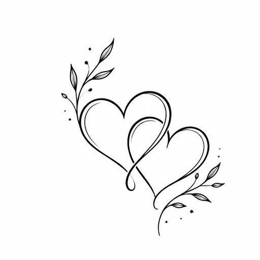 Two intertwined hearts with delicate vine branches and small leaves in fine line style