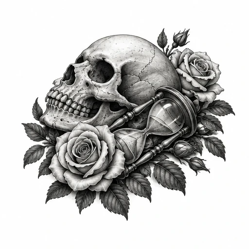 Black and gray tattoo design of a skull, hourglass, and roses with detailed shading and leaves