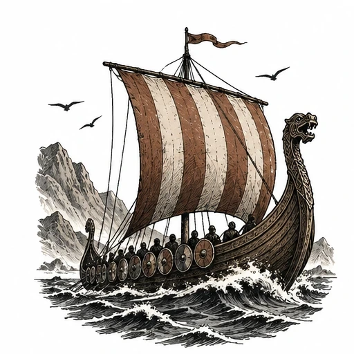 Illustration of a Viking longship with striped sail and dragon head prow on rough sea with mountains and birds