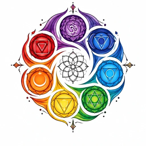 Mandala tattoo design with seven colorful chakra symbols arranged in a circle with a small black lotus in the center.
