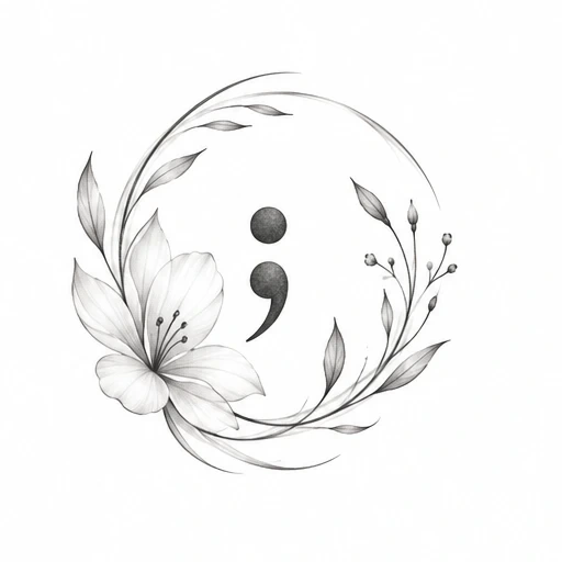 Semicolon surrounded by delicate leaves and a flower in a circular arrangement