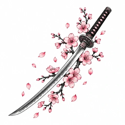 Katana sword wrapped in pink cherry blossom branches with petals falling