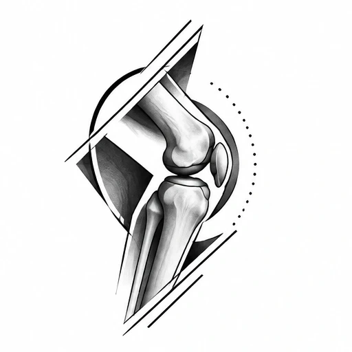 Black and gray stylized knee joint tattoo with geometric lines and dotted arc