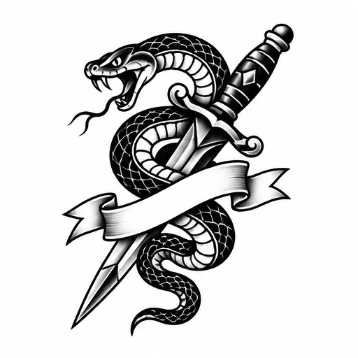 Black shaded snake coiled around dagger with blank banner in black and white tattoo style
