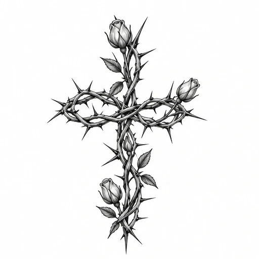 Black and white cross composed of thorny rose stems with leaves and rose buds