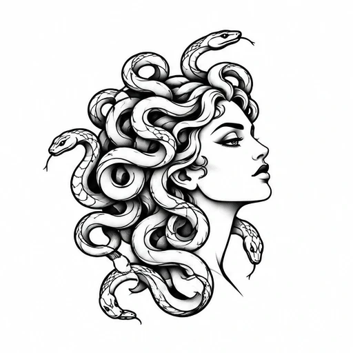 Black and white tattoo design of Medusa with snakes as hair, side profile with detailed snake scales and sharp facial features.